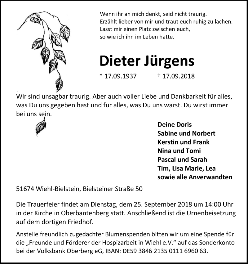  Traueranzeige für Dieter Jürgens vom 21.09.2018 aus Kölner Stadt-Anzeiger / Kölnische Rundschau / Express