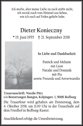 Anzeige von Dieter Konieczny von  Sonntags-Post 