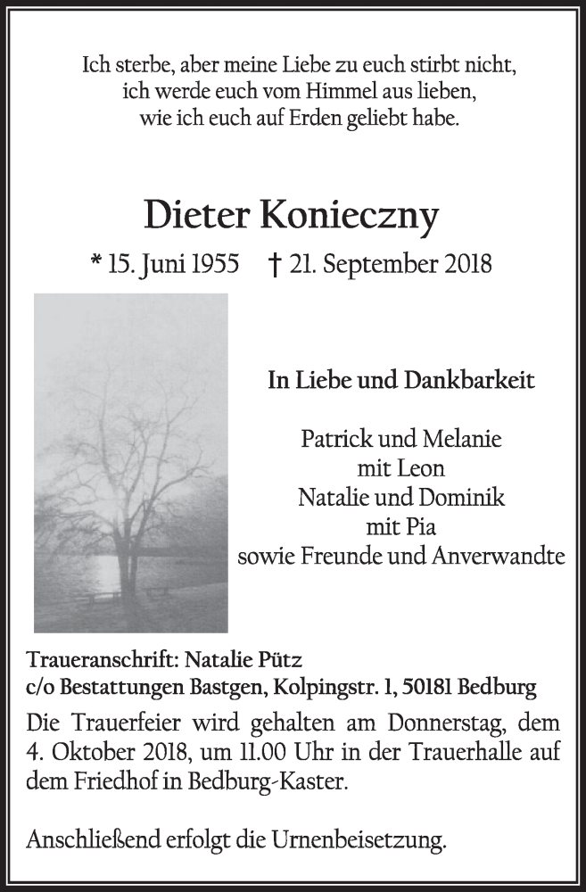  Traueranzeige für Dieter Konieczny vom 29.09.2018 aus  Sonntags-Post 