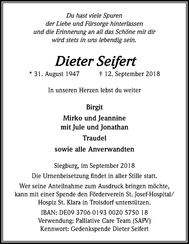  Traueranzeige für Dieter Seifert vom 21.09.2018 aus Kölner Stadt-Anzeiger / Kölnische Rundschau / Express