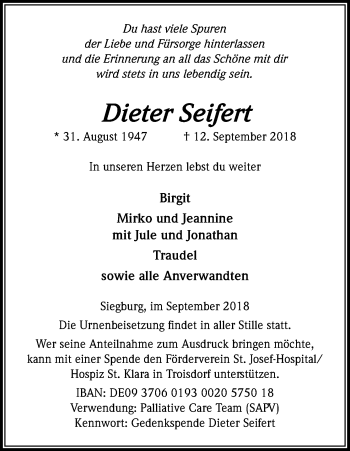 Anzeige von Dieter Seifert von Kölner Stadt-Anzeiger / Kölnische Rundschau / Express