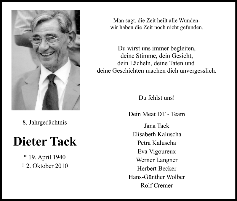  Traueranzeige für Dieter Tack vom 29.09.2018 aus Kölner Stadt-Anzeiger / Kölnische Rundschau / Express