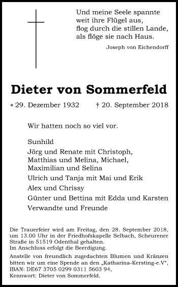 Anzeige von Dieter von Sommerfeld von Kölner Stadt-Anzeiger / Kölnische Rundschau / Express