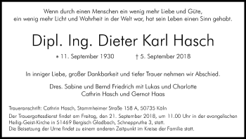 Anzeige von Dieter Karl Hasch von Kölner Stadt-Anzeiger / Kölnische Rundschau / Express