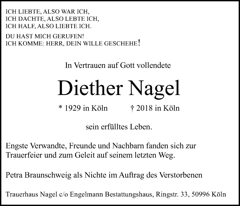  Traueranzeige für Diether Nagel vom 12.09.2018 aus Kölner Stadt-Anzeiger / Kölnische Rundschau / Express