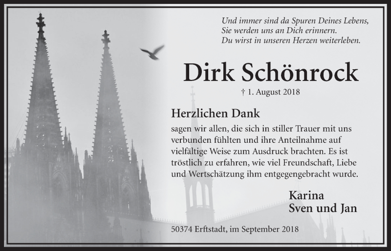  Traueranzeige für Dirk Schönrock vom 22.09.2018 aus  Sonntags-Post 