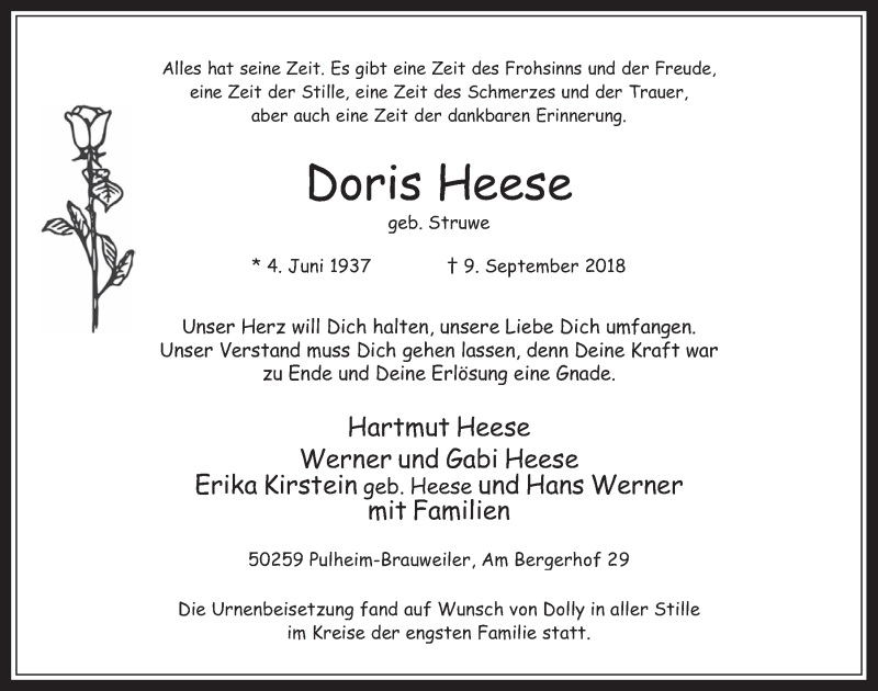  Traueranzeige für Doris Heese vom 19.09.2018 aus  Wochenende  Kölner Wochenspiegel 