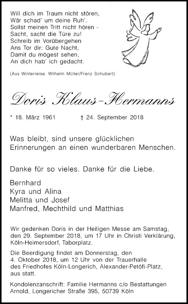  Traueranzeige für Doris Klaus-Hermanns vom 29.09.2018 aus Kölner Stadt-Anzeiger / Kölnische Rundschau / Express