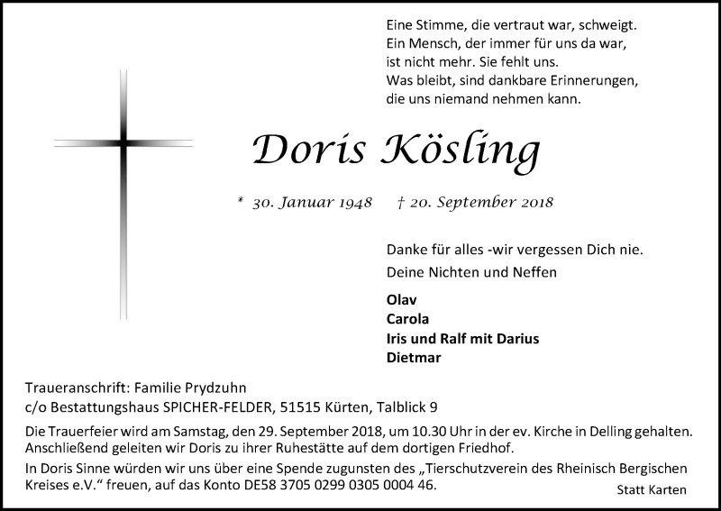  Traueranzeige für Doris Kösling vom 26.09.2018 aus Kölner Stadt-Anzeiger / Kölnische Rundschau / Express