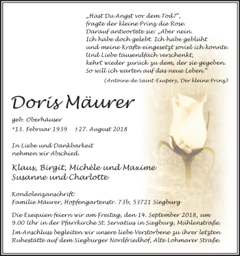 Anzeige von Doris Mäurer von Kölner Stadt-Anzeiger / Kölnische Rundschau / Express