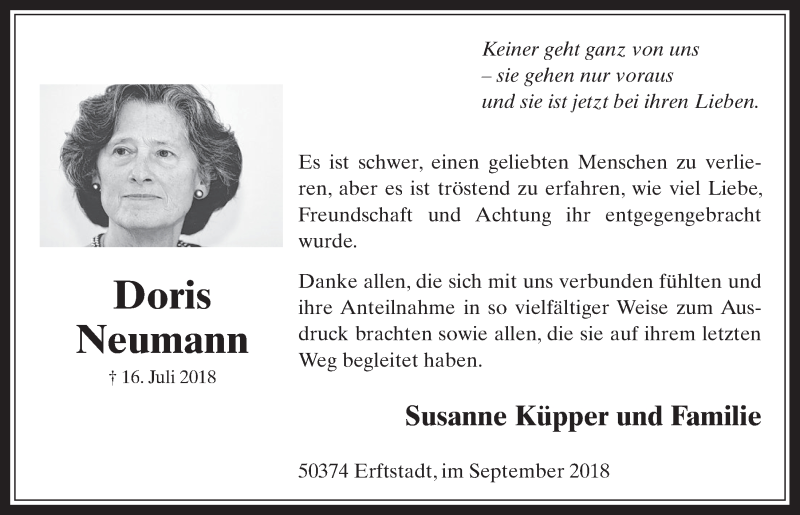  Traueranzeige für Doris Neumann vom 12.09.2018 aus  Werbepost 