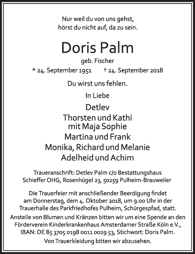  Traueranzeige für Doris Palm vom 29.09.2018 aus  Sonntags-Post 