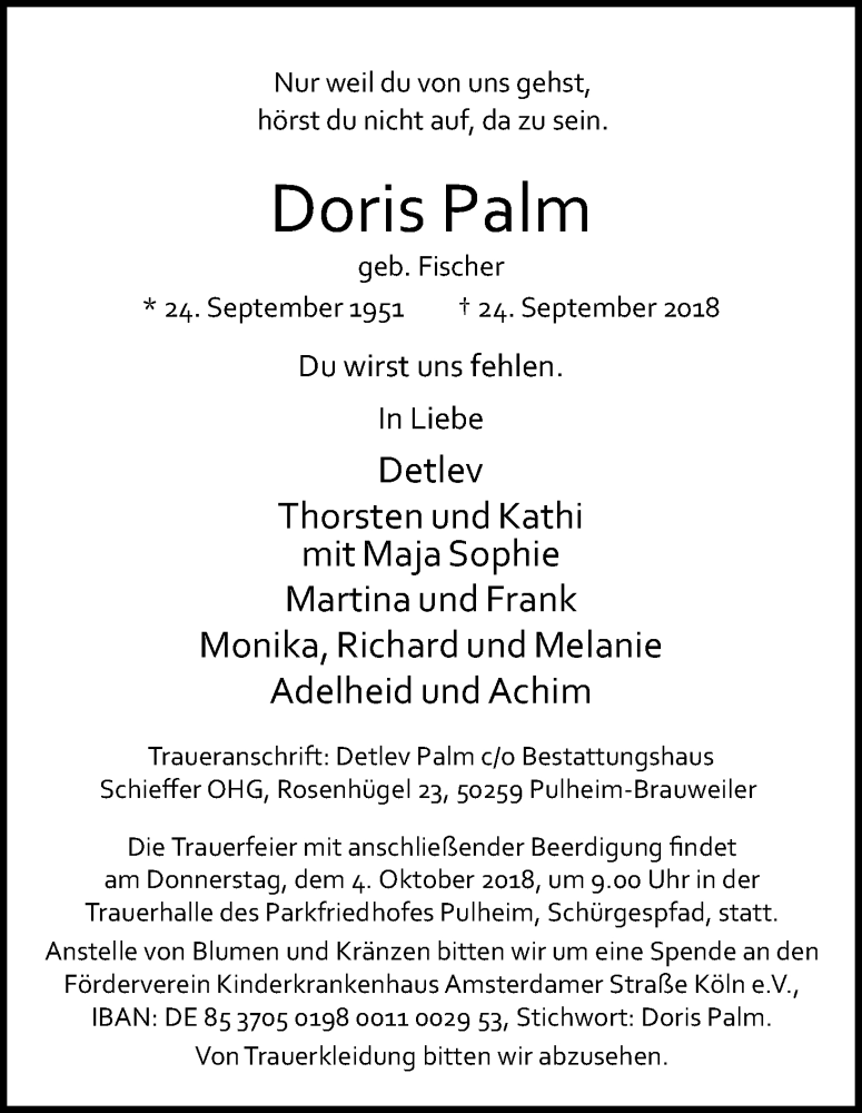  Traueranzeige für Doris Palm vom 29.09.2018 aus Kölner Stadt-Anzeiger / Kölnische Rundschau / Express