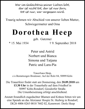 Anzeige von Dorothea Heep von Kölner Stadt-Anzeiger / Kölnische Rundschau / Express