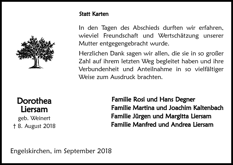  Traueranzeige für Dorothea Liersam vom 22.09.2018 aus Kölner Stadt-Anzeiger / Kölnische Rundschau / Express