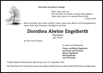 Anzeige von Dorothea Alwine Engelberth von Kölner Stadt-Anzeiger / Kölnische Rundschau / Express
