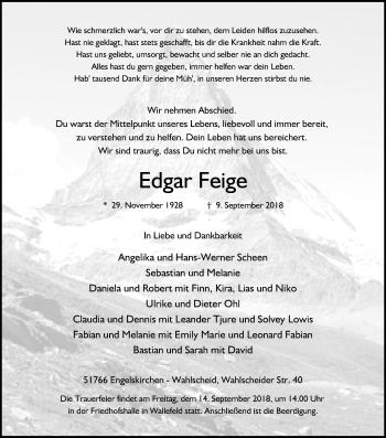 Anzeige von Edgar Feige von Kölner Stadt-Anzeiger / Kölnische Rundschau / Express