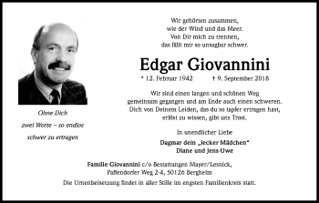 Anzeige von Edgar Giovannini von Kölner Stadt-Anzeiger / Kölnische Rundschau / Express