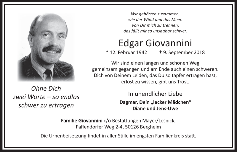  Traueranzeige für Edgar Giovannini vom 15.09.2018 aus  Sonntags-Post 