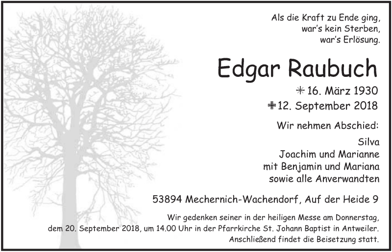  Traueranzeige für Edgar Raubuch vom 15.09.2018 aus  Blickpunkt Euskirchen 