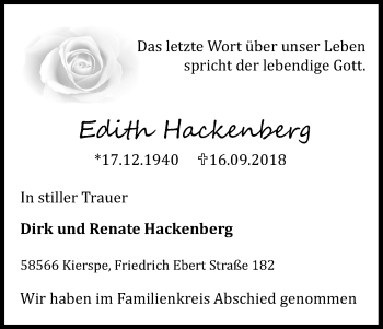 Anzeige von Edith Hackenberg von Kölner Stadt-Anzeiger / Kölnische Rundschau / Express