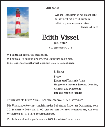 Anzeige von Edith Vissel von Kölner Stadt-Anzeiger / Kölnische Rundschau / Express