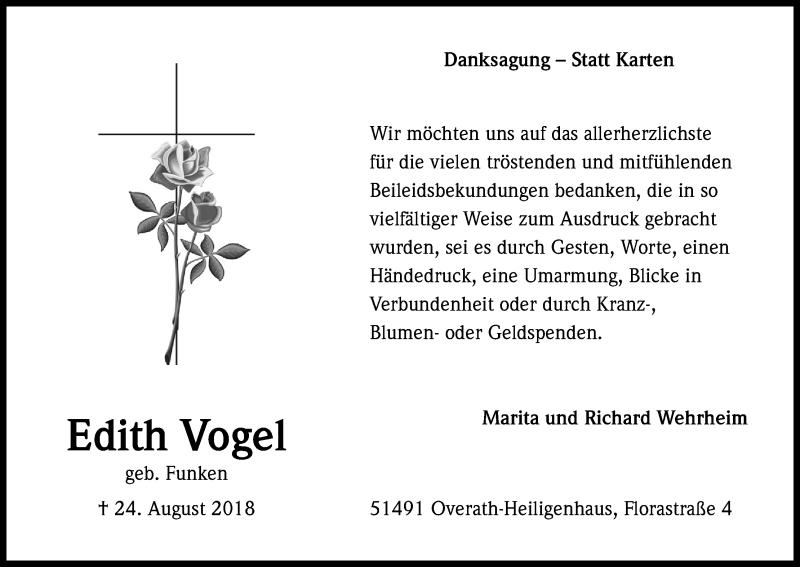  Traueranzeige für Edith Vogel vom 29.09.2018 aus Kölner Stadt-Anzeiger / Kölnische Rundschau / Express