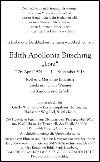 Anzeige von Edith Apollonia Bitsching von Kölner Stadt-Anzeiger / Kölnische Rundschau / Express