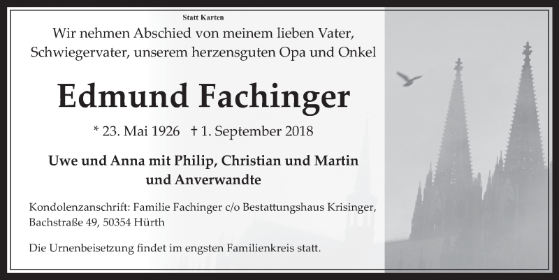  Traueranzeige für Edmund Fachinger vom 12.09.2018 aus  Wochenende 