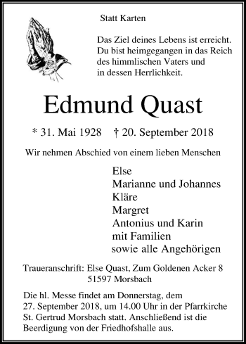 Anzeige von Edmund Quast von Kölner Stadt-Anzeiger / Kölnische Rundschau / Express