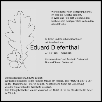 Anzeige von Eduard Diefenthal von Kölner Stadt-Anzeiger / Kölnische Rundschau / Express