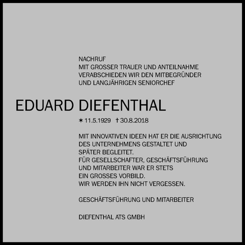  Traueranzeige für Eduard Diefenthal vom 05.09.2018 aus Kölner Stadt-Anzeiger / Kölnische Rundschau / Express