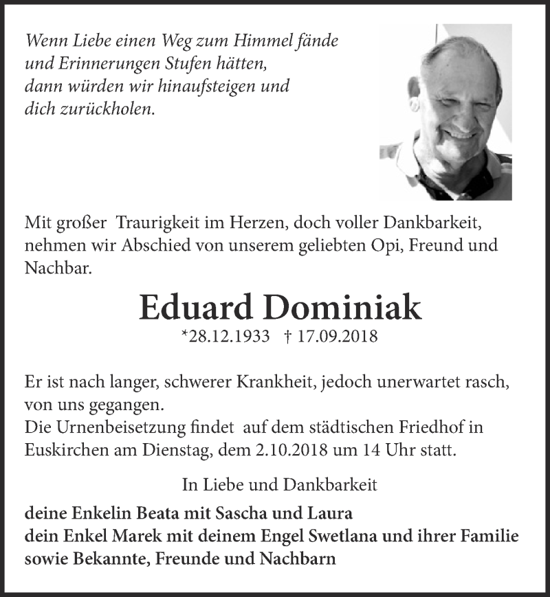  Traueranzeige für Eduard Dominiak vom 22.09.2018 aus  Blickpunkt Euskirchen 