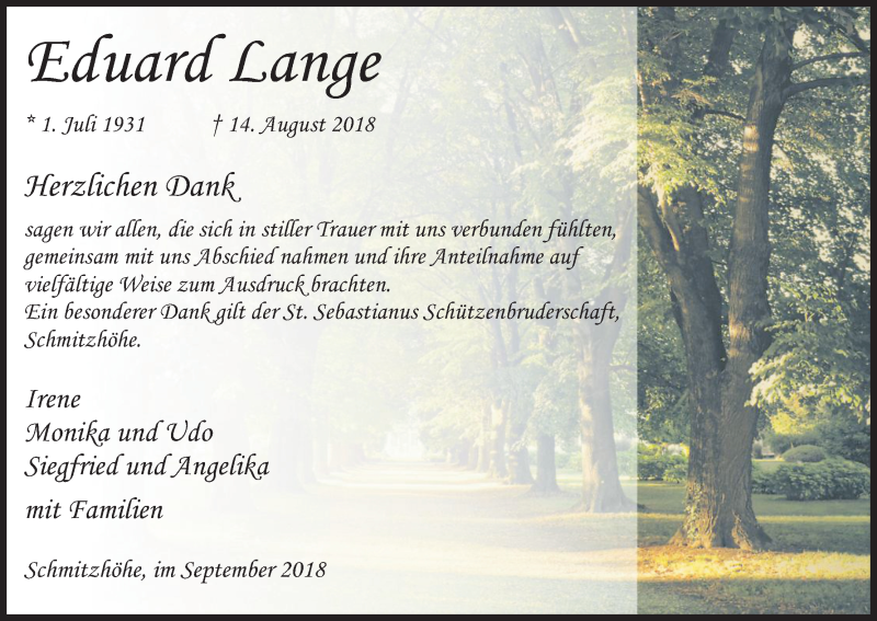  Traueranzeige für Eduard Lange vom 29.09.2018 aus Kölner Stadt-Anzeiger / Kölnische Rundschau / Express
