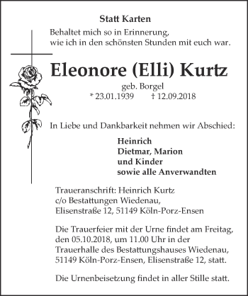 Anzeige von Eleonore Kurtz von  Kölner Wochenspiegel 