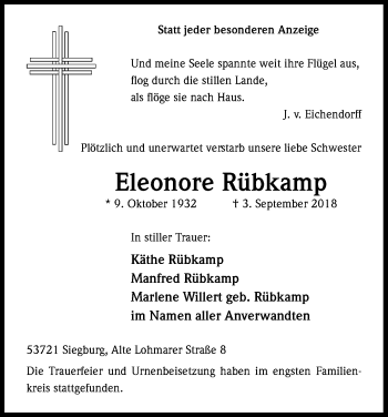 Anzeige von Eleonore Rübkamp von Kölner Stadt-Anzeiger / Kölnische Rundschau / Express