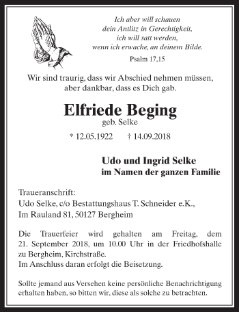Anzeige von Elfriede Beging von  Werbepost 