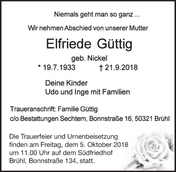 Anzeige von Elfriede Güttig von  Schlossbote/Werbekurier 