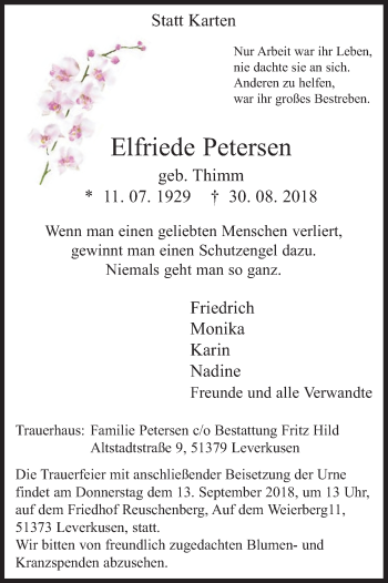 Anzeige von Elfriede Petersen von Kölner Stadt-Anzeiger / Kölnische Rundschau / Express