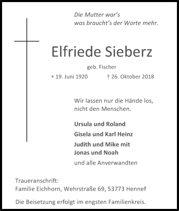 Anzeige von Elfriede Sieberz von Kölner Stadt-Anzeiger / Kölnische Rundschau / Express