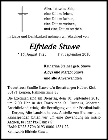 Anzeige von Elfriede Stuwe von Kölner Stadt-Anzeiger / Kölnische Rundschau / Express