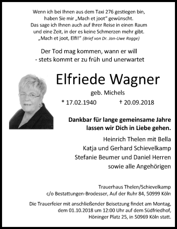 Anzeige von Elfriede Wagner von Kölner Stadt-Anzeiger / Kölnische Rundschau / Express