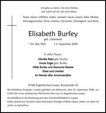 Anzeige von Elisabeth Burfey von Kölner Stadt-Anzeiger / Kölnische Rundschau / Express