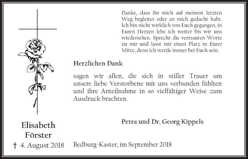  Traueranzeige für Elisabeth Förster vom 26.09.2018 aus  Werbepost 