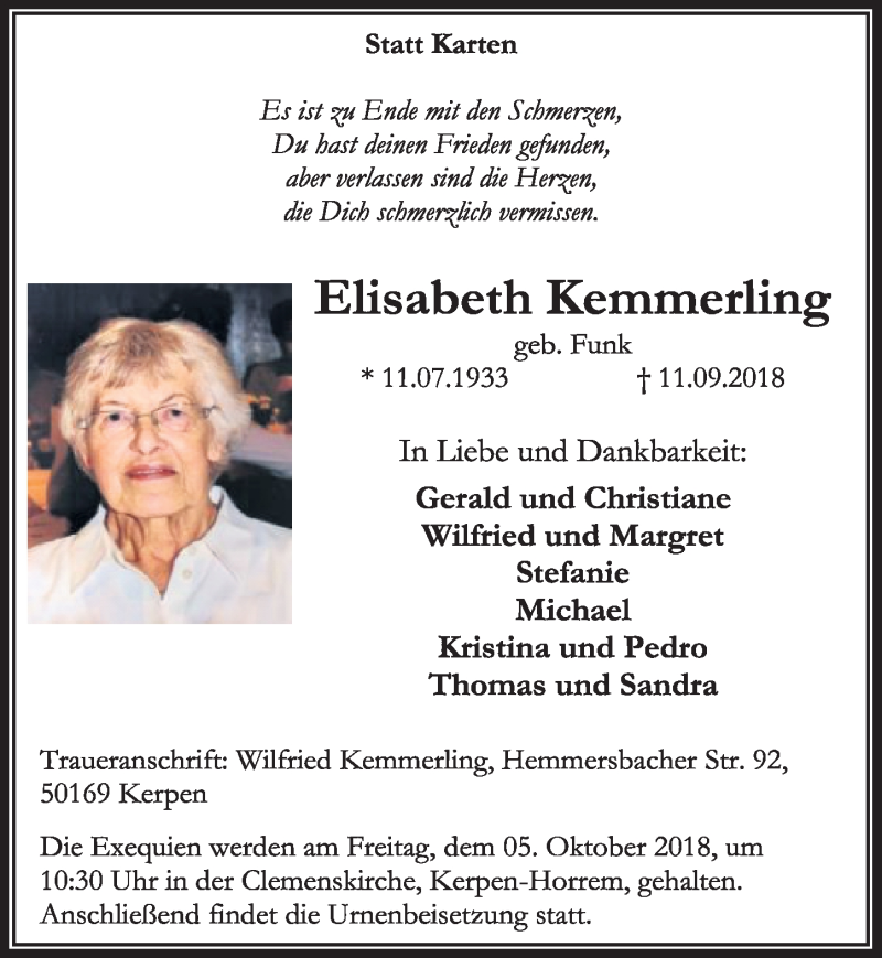  Traueranzeige für Elisabeth Kemmerling vom 29.09.2018 aus  Sonntags-Post 