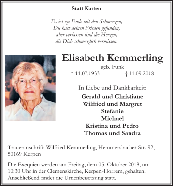 Anzeige von Elisabeth Kemmerling von Kölner Stadt-Anzeiger / Kölnische Rundschau / Express