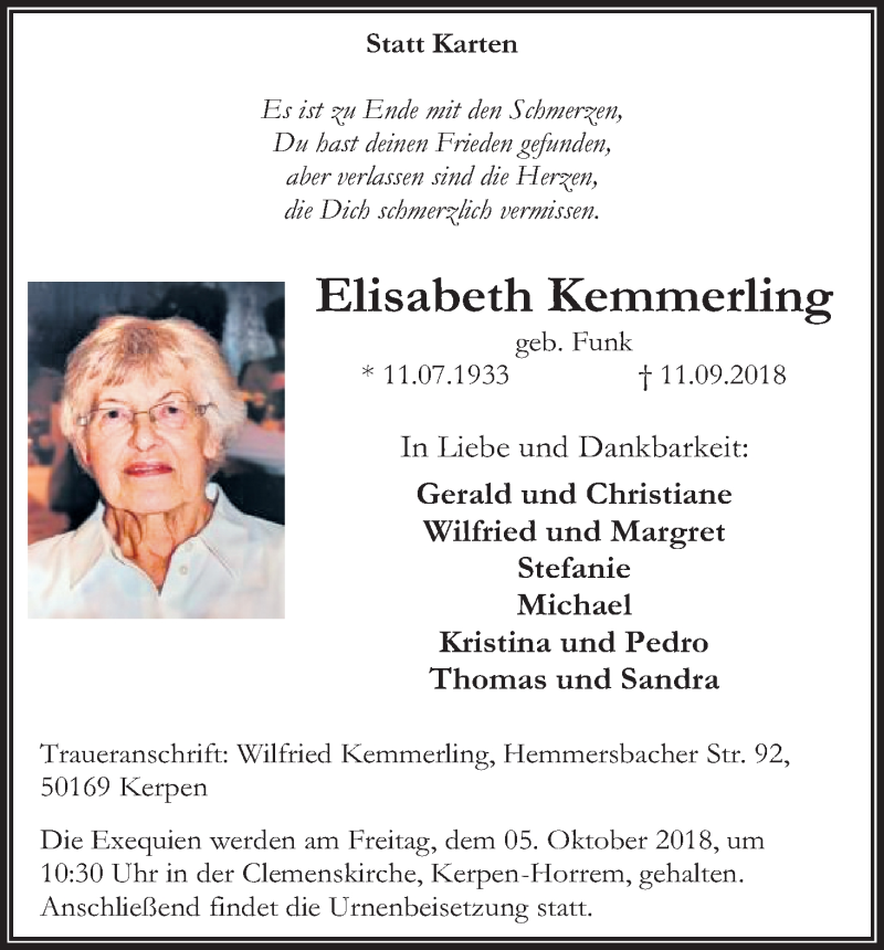  Traueranzeige für Elisabeth Kemmerling vom 29.09.2018 aus Kölner Stadt-Anzeiger / Kölnische Rundschau / Express