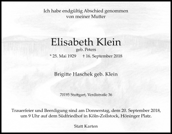 Anzeige von Elisabeth Klein von Kölner Stadt-Anzeiger / Kölnische Rundschau / Express