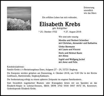 Anzeige von Elisabeth Krebs von Kölner Stadt-Anzeiger / Kölnische Rundschau / Express