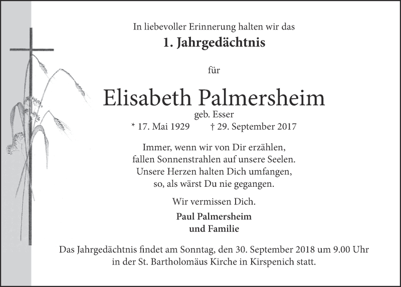  Traueranzeige für Elisabeth Palmersheim vom 22.09.2018 aus  Blickpunkt Euskirchen 